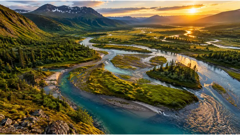 Aerial view of a mossy river delta at golden hour