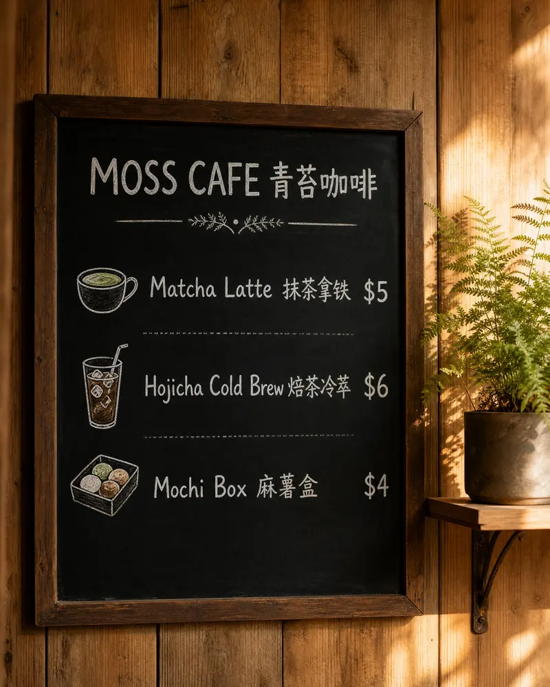 Cafe chalkboard menu with bilingual English and Chinese lettering