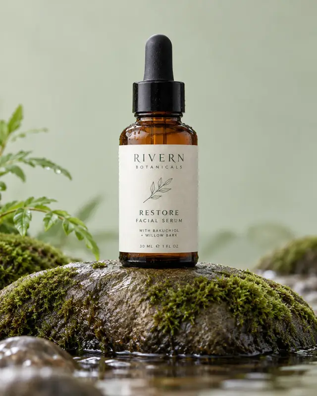Reference photo of an amber serum bottle on a mossy stone
