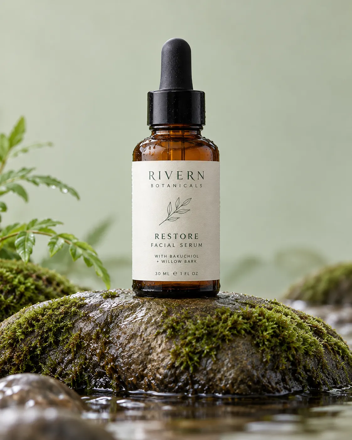 Amber serum bottle on a mossy river stone